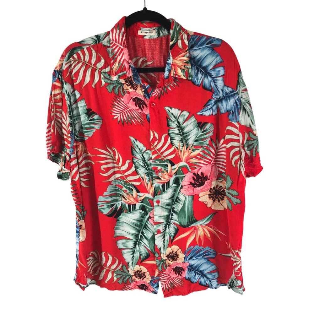 Eishopeer Mens Hawaiian Aloha Shirt Floral Palm Print Red Green XL